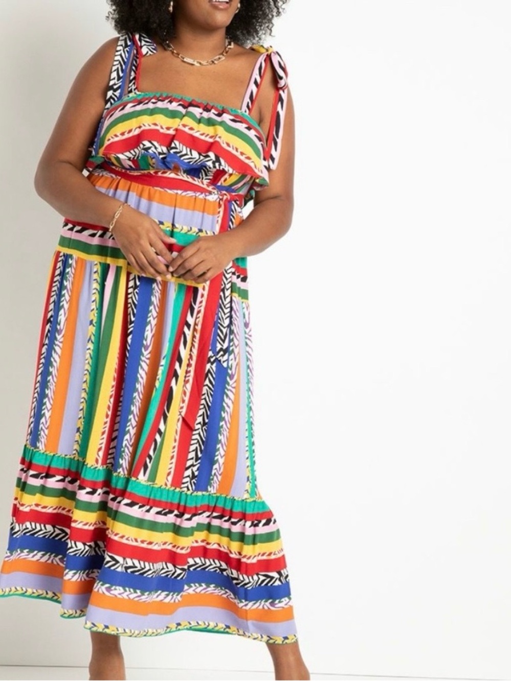 Eloquii NWT Women's Multicolor Stripe Maxi Dress Ruffle Tiered Size 14